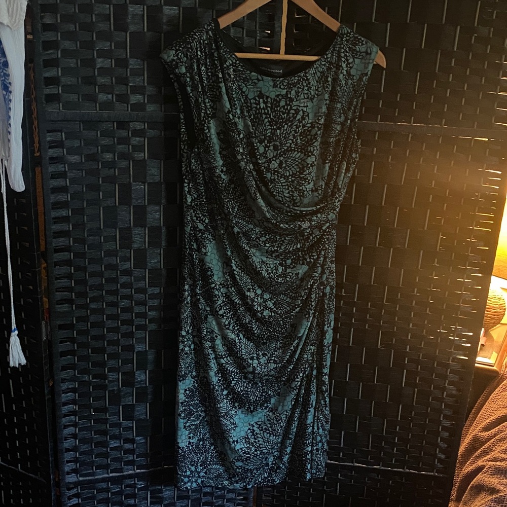 Connected Apparel Black and Teal Patterned Midi Dress